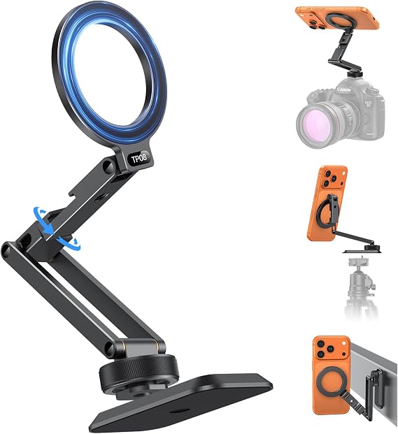 OMOTON Magnetic Phone Mount for Tripod Camera with Arca Base Cold Shoe 1/4" | Aluminum 360 Adjustable, Detachable Base with Magnet for Steel Surface for Gym Golf Cart Video Recording, for iPhone Android