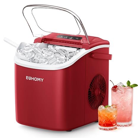 EUHOMY Countertop Ice Maker Machine with Handle, 26lbs Per Day, 9 Ice Cubes Ready in 6 Mins, Auto-Cleaning Portable Ice Maker with Basket and Scoop, for Home/Kitchen/Camping/RV (Red)