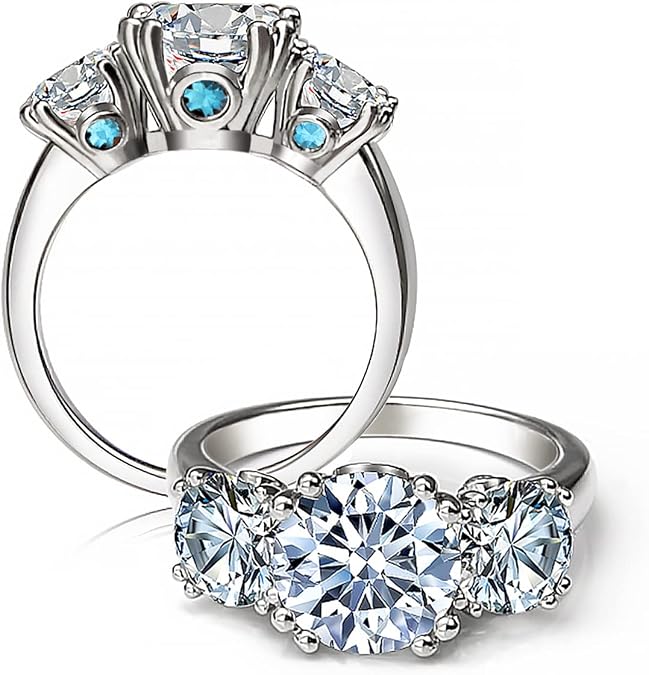 CannyCat 3 Stone Moissanite Ring for Women 5 cttw 3 carat Certified Moissanite with Side 1 carat D-color VVS Brilliant Platinum-Plated Silver Anniversary Engagement Wide Band