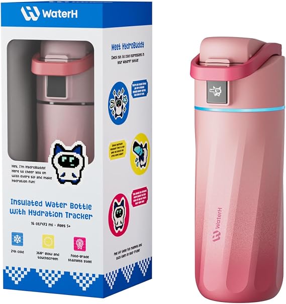 WATERH BOOST Kids Smart Water Bottle with Reminder & Tracker, 16oz | BPA-Free, Vacuum Insulated Stainless Steel, 24H Cold & 12H Hot, DIY Fridge Magnets, Rubber Base, Back to School Supplies