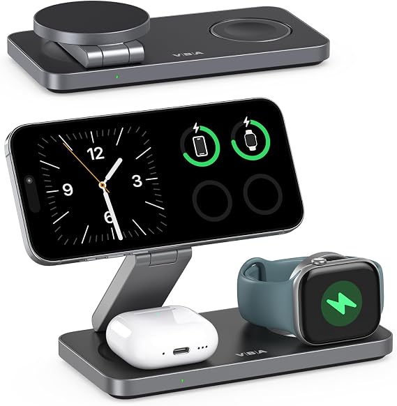 VBA 3 in 1 Wireless Charging Station for Apple MagSafe Charger,Foldable Fast Charging Magnetic Wireless Charger Stand,Travel Charger for iPhone 17 Air 16 15 14 13 12,Apple Watch,AirPods (Black)