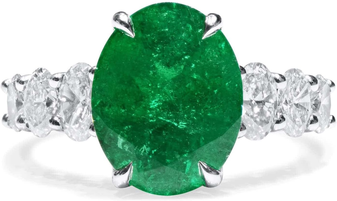 ASTTERIA GRS Certified 4.41 Carat Oval Green Color Emerald Set In 18k White Gold Ring GREEN- Adjustable and Resizable