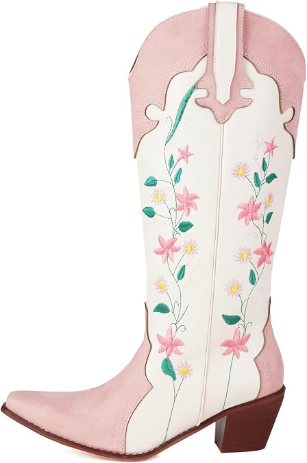 YIYA Women's Pink Floral Embroidered Western Cowboy Boots Cute Knee High Cowgirl Boots Pointed Toe Chunky Stacked Heel Retro Classic Tall Boot