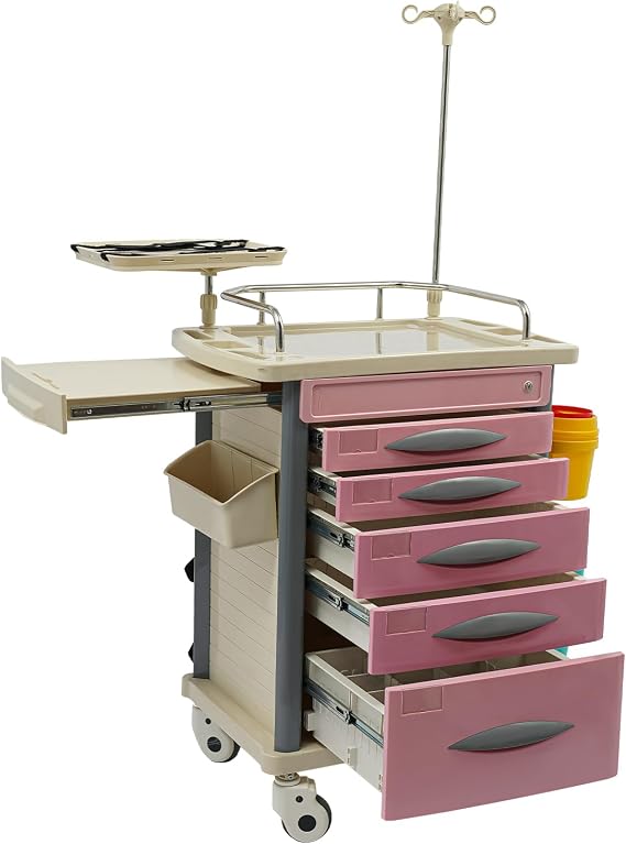 M edical Rolling Crash Cart, M edical Trolley, Mobile Cart with Wheels and Drawers for Clinic, Hospital, Nursing Center & Beauty Salons (Pink + Off-White)