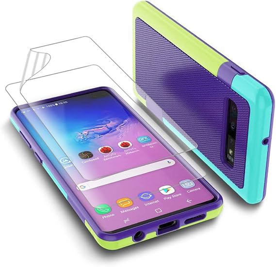 Cellular Phone Case for Galaxy S10, Bumper, Hybrid Soft TPU & Hard PC, Ultra Slim Thin, Compatible with Wireless Charger, Purple - Includes 2 HD Soft Screen Protectors