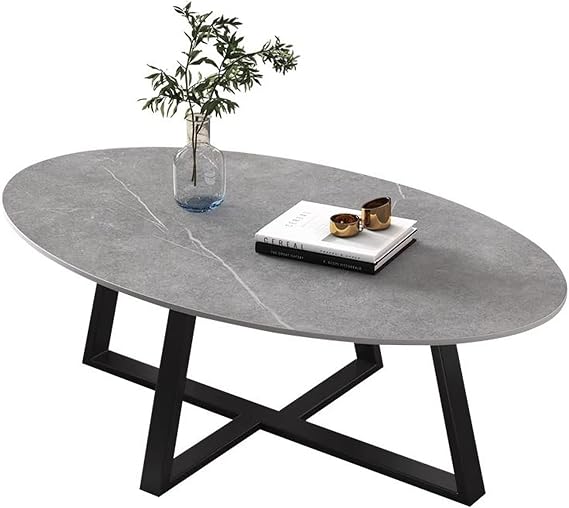 Simple Simple Design Oval Coffee Table Center Table for Living Room Small Spaces, Side Table with Rockboard Tabletop and Metal Frame, 39inch Home Furniture(Gray+Black)