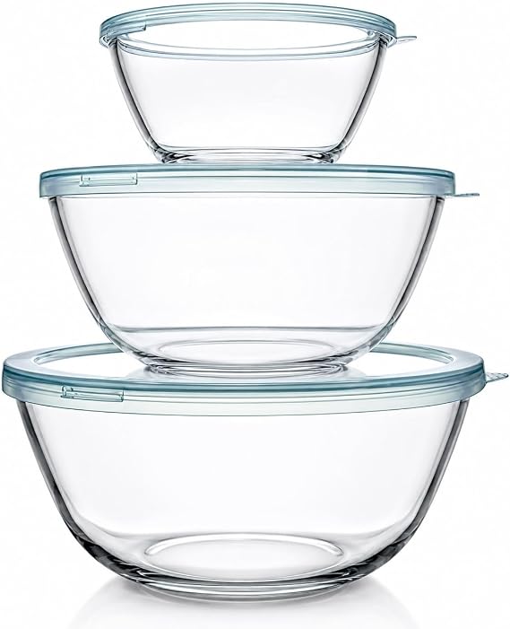 Luvan Glass Mixing Bowls with Lids Set(4.5QT, 2.7QT, 1.1QT)-Large Glass Mixing Bowls, Clear Salad Bowl for Baking, Cooking, Serving, Food Prep, 3PC Nesting Bowls for Kitchen Storage & Dishwasher Safe