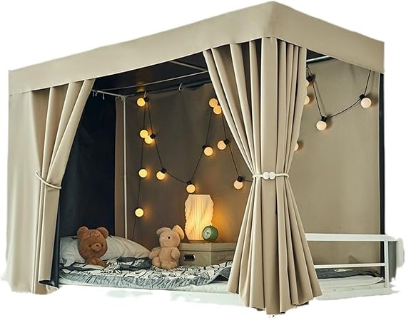 Loft Bed Curtains Blackout and Breathable Bunk Bed Curtains for Factory Dormitory with Accessories Top Bunk Bed Canopy Dustproofing(Curtain*3+top,Beige_1.2M)