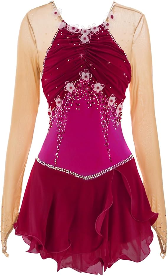 Figure Skating Dress, Long Sleeve Sparkling Rhinestones Ice Skating Dresses, Breathable Skating Dance Clothes
