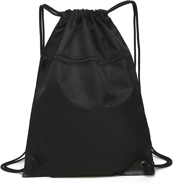 Drawstring Backpack, Gym Sackpack String Bag Drawstring Bag with Zip Pocket for Sports, Gym, Swimming (Black)