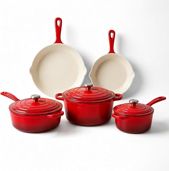 QuliMetal Nonstick Enameled Cast Iron Cookware Set, 5 Pcs Pots and Pans with Lid, Skillet, Frying Pan, Saucepan & Dutch Oven for All Stovetops, PFA Free - Ideal for Sourdough Bread Baking