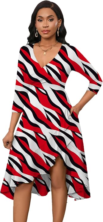 Womens Sexy Midi Summer Dresses | Casual Wrap V Neck 3/4 Sleeve Split Ruffle Hem Dress with Pockets for Beach & Party