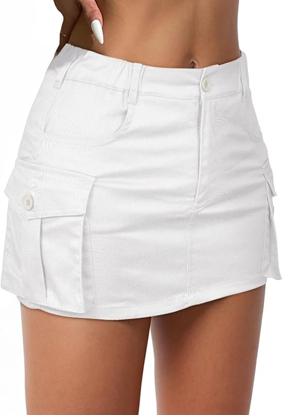 Women Denim Skirt Low Waist Cargo Skirt with Pockets Y2K Button Mini Jean Skirt