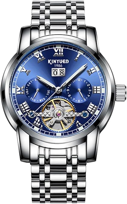 Automatic Skeleton Calendar Watch Men Moon Phase Tourbillon Luminous Mechanical Stainless Steel Wristwatches
