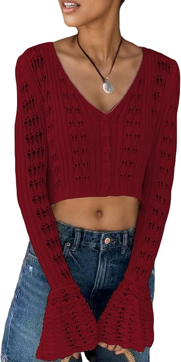 LETSVDO Women's Crochet Crop Cardigan Summer Bell Sleeve Knit Hollow Out Sheer Button Up V Neck Shrug Sweater Tops
