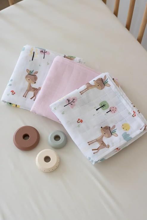SALLHOMEE Çok Amaçlı 2 Katlı Müslin Örtü, Pamuklu, Pembe, Bebek, 3'lü Set, Ceylan Desenli, Antibakteriyel