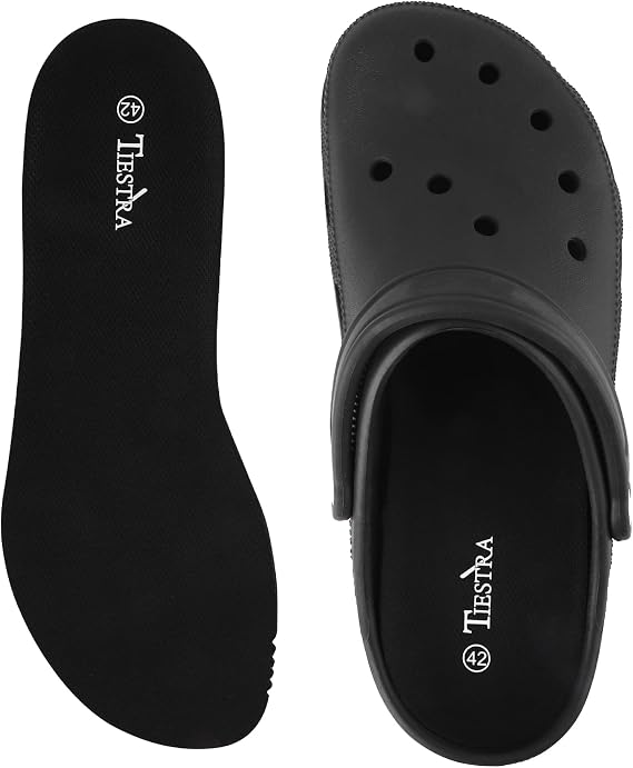 TIESTRA Cork Insoles for Crocs & Clogs-Wide Fit Thin Shoes Inserts for Birkenstock | Mules | Sneakers | Flats | Garden Sandals & Nurse Shoes Comfort Replacement Inner Soles for Womens Black EU38/US7