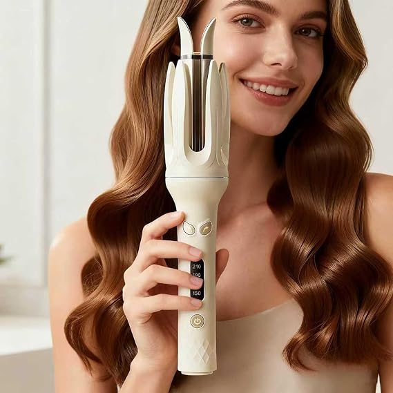 Automatic Rotating Hair Curling Iron, Professional Styling Wand, Off-White