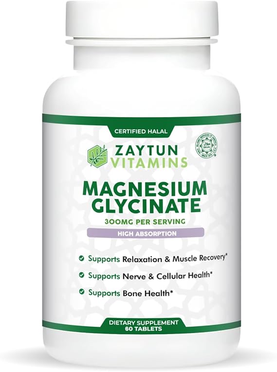 Zaytun Halal Magnesium Glycinate 300mg, High Absorption, Gluten and Gelatin Free, Non-GMO, Vegetarian, 60 Tablets, Made in USA