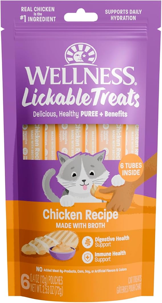 Wellness Lickable Soft Puree Cat Treats, All Lifestages, Kitten to Senior, Natural, Grain Free, Chicken Flavor, 0.4 oz, Pack of 6 Tubes