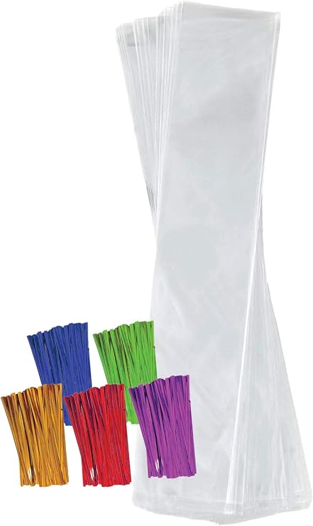 Purple Q Crafts Clear Plastic Cellophane Bags with 4" Colored Twist Ties for Gifts Party Favors (2"x10" 100 Pack)