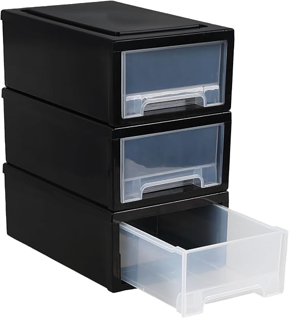 6 Quart Small Plastic Desktop Storage Drawers, 3 Packs Stacking Drawers Unit, Black