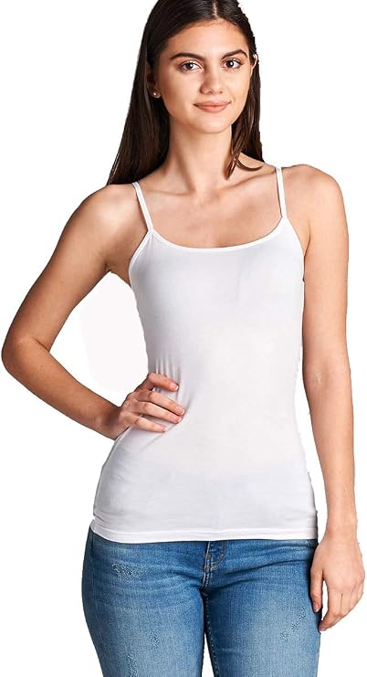 Hollywood Star Fashion Women's Regular Length Spaghetti Strap Tank Top Camis Basic Camisole Cotton Plain Solid Color (Medium, White)
