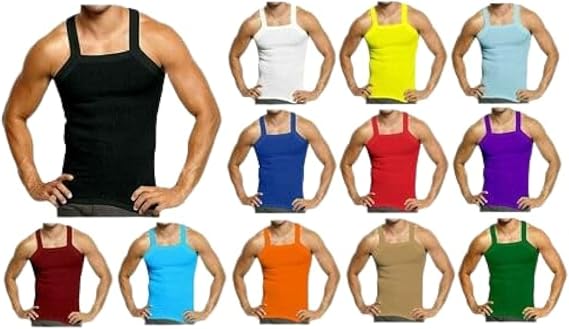 6 Packs Men's G-Unit Style Cotton Tank Tops Square Cut Muscle Rib A-Shirts Assorted Colors