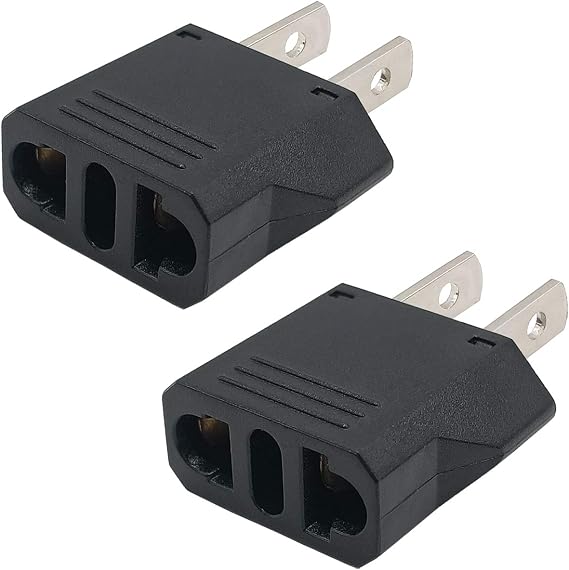 European to US Plug Adapter, Black, 2-Pack, Type E/F to Type A/B, Fireproof, CE Certified, 120V, 220-240V, 6A, 1.38 x 0.56 x 1.78 IN