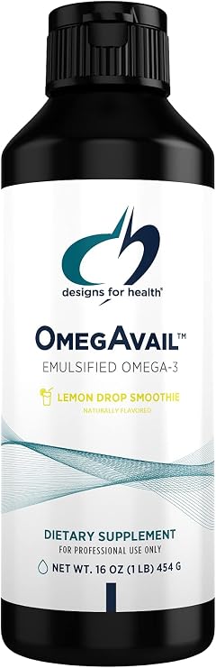 Designs for Health OmegAvail Smoothie - Omega 3 TG Triglyceride Fish Oil Emulsion with DHA + EPA - Liquid Supplement for Cardiovascular + Brain Support, Lemon Drop Flavor (41 Servings / 16oz)