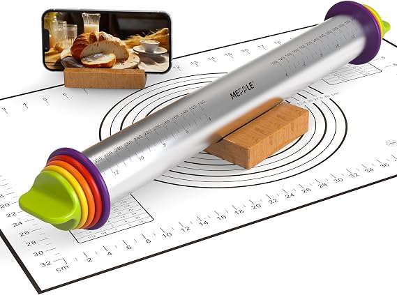Adjustable Rolling Pin,13.6''Dough Roller with Mat&Stand Fits Uniform Dough