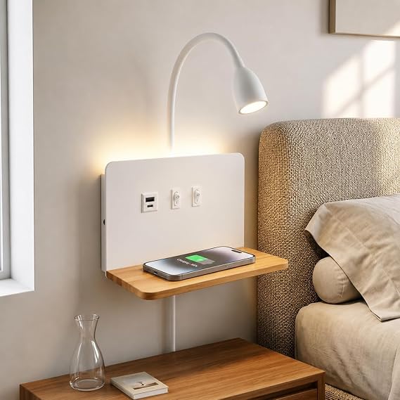 White Bedside Wall Sconce with Wireless Charging Station, USB-C & USB-A Ports, Plug in Wall Light with Shelf, Gooseneck 3Color LED Reading light & 3000K Backlight Plug-in or Hardwired for Bedroom,Dorm