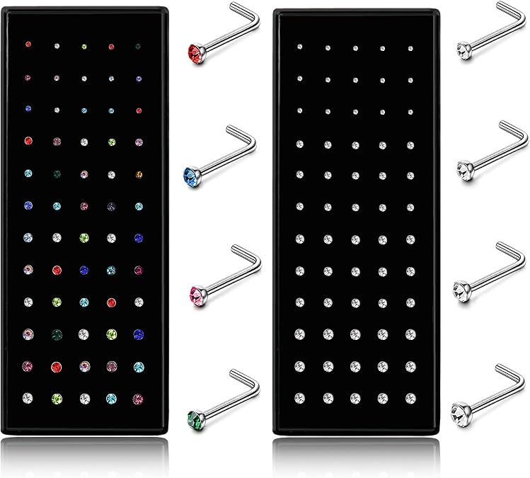 Helicopchain 60-240Pcs Hypoallergenic Nose Studs for Women Men 316L Stainless Steel CZ Nose Piercing Jewelry L Shaped Nose Rings Bone Studs Screw Piercing 20G-22G 1.5mm 2mm 2.5mm 3mm