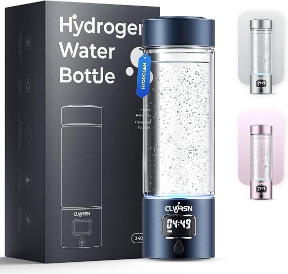 Hydrogen Water Bottle Generator, SPE/PEM Tech, Dual-Thread Quick-Open Cap, Bottom Vent Design, USB-C Rechargeable, LED Timer, Borosilicate Glass, 11.5oz (Blue)
