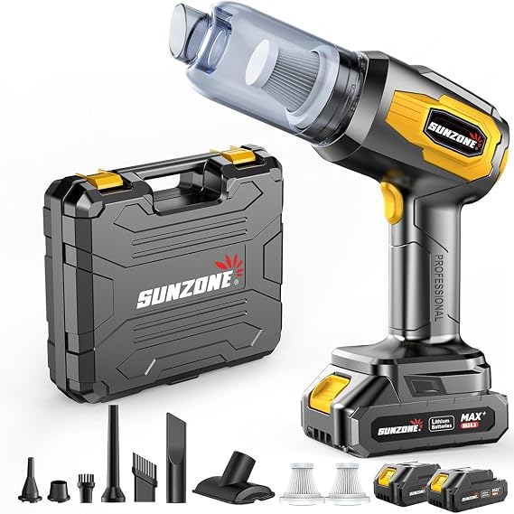 sunzone Handheld Car Vacuum Cleaner, Cordless Vacuum Cleaner with 20KPa Powerful Suction and Blower, Portable Hand Held Vacuum with Multi-Nozzles for Car, Home, Office, Pet (Yellow)
