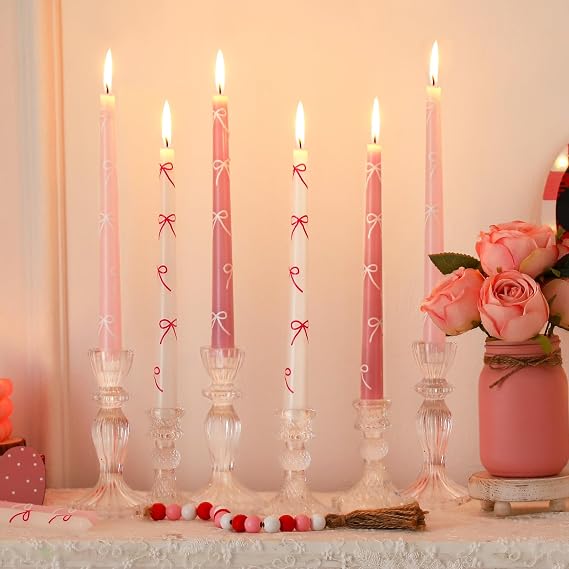Conelist 6 Pcs Pink Bow Taper Candles 10 Inch Valentines Taper Candles Coquette Bow Party Favors for Valentine's Day Bachelorette Bridal Wedding Birthday Party Table Cake Decor, 3 Stylesnelist