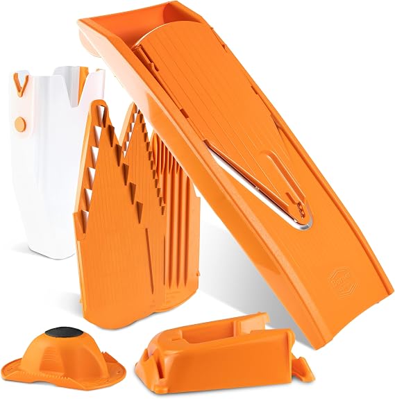Mandoline Food Slicer Borner V1 (Profi Set) by Reston Lloyd V-Slicer with 4 Inserts, Docking Station & Food Holder Made in Germany Fruit & Vegetable Chopper Multiple Settings Color: Orange