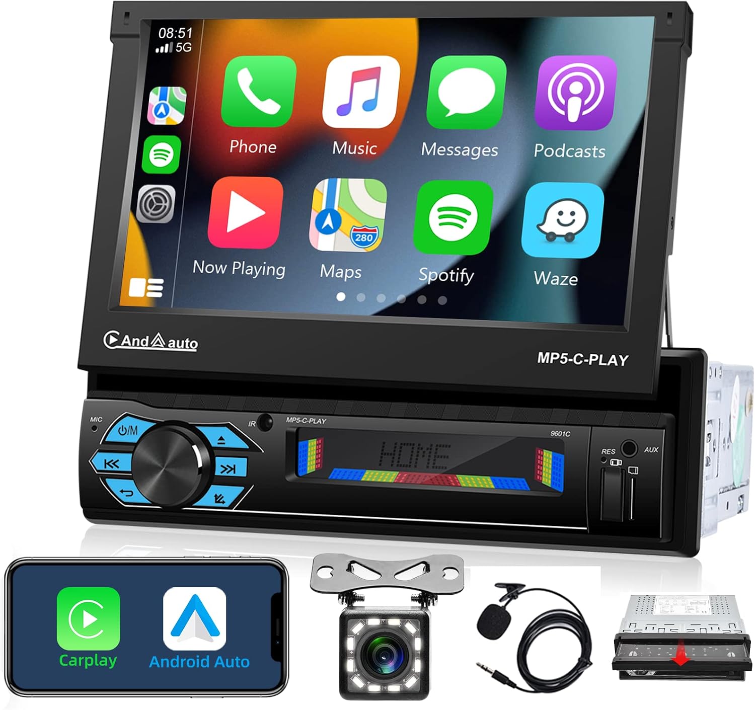 Single Din Apple Carplay Car Stereo with Android Auto Bluetooth,7 Inch Flip Out Touchscreen Car Radio,Car Audio Receivers Support Phone Mirror Link,with FM RadioBackup CameraUSB TF AUX-in Port