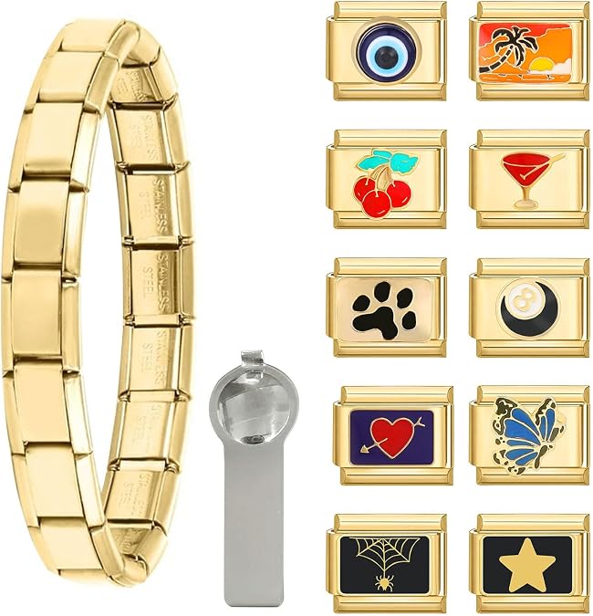 papasgix Italian Charm Bracelet Gold Set with Starter Brascelet, Assorted Charms and Opening Tools, 9mm Modular Italian Charm Bracelet Links Handmade DIY Jewelry