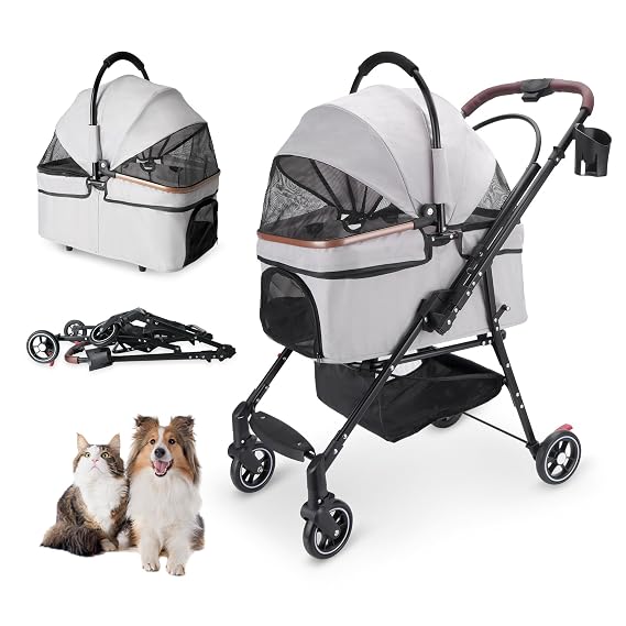 Pet Stroller for Small Dogs and Cats, Lightweight Foldable Cat Dog Stroller Carrier with Storage Basket, Detachable Travel Bag, Locking Wheels & Cup Holder for Outdoor Walks Park Travel Vet Visits
