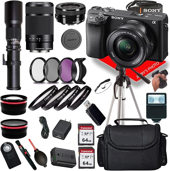 Sony A6400 Mirrorless Camera E PZ 16-50mm f/3.5-5.6 OSS Lens E 55-210mm f/4.5-6.3 OSS+500mm f/8.0 Telephoto preset Lens 128Gig Momory Cards+Lens+Case+(23PC) Bundle