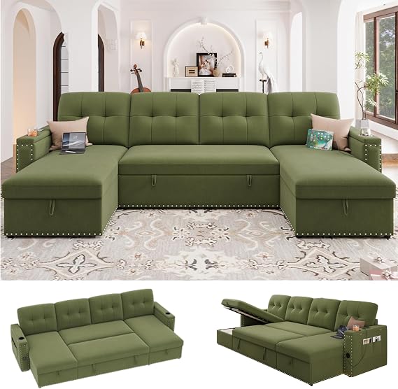 106" LED L-Shaped Sectional Couch, Sleeper Sofa Bed for Living Room, Green