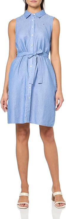 Tommy Hilfiger Women's Sleeveless Collared Button Front Tie Waist Mini Shirt Dress