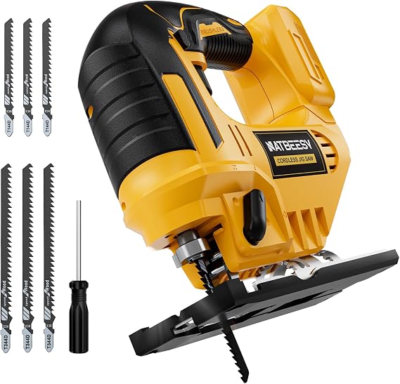 Jig Saw Compatible With Dewalt 20V Battery, NATBEESY Brushless Cordless jig saw tool, LED Work Light, 45 Beveled Cuts, Variable Speed 2900RPM, 3 Orbital Action, 6 Blades for Wood Cutting, Tool Only