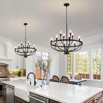 Black Farmhouse Chandeliers for Dining Room Light Fixture.Wagon Wheel Chandelier Modern Candle Industrial Round Chandeliers for Living Room High Ceilings Foyer Bedroom
