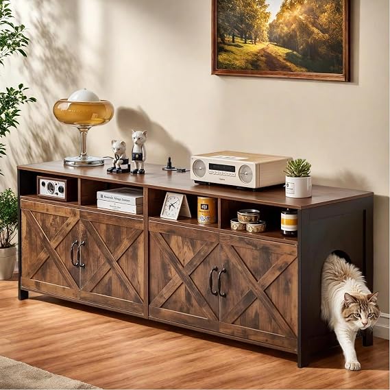 Double Cat Litter Box Enclosure for 2 Cats, 63" Hidden Wooden Litter Box Furniture with Power Outlet, Farmhouse TV Stand Large Litter Box Cabinet, Indoor Cat House, Vintage Brown