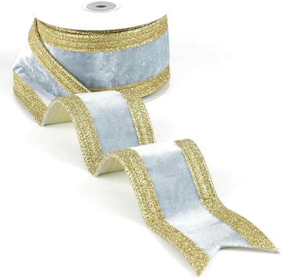 Dusty Blue and Gold Velvet Wired Ribbon 2.5 Inch, 10 Yds