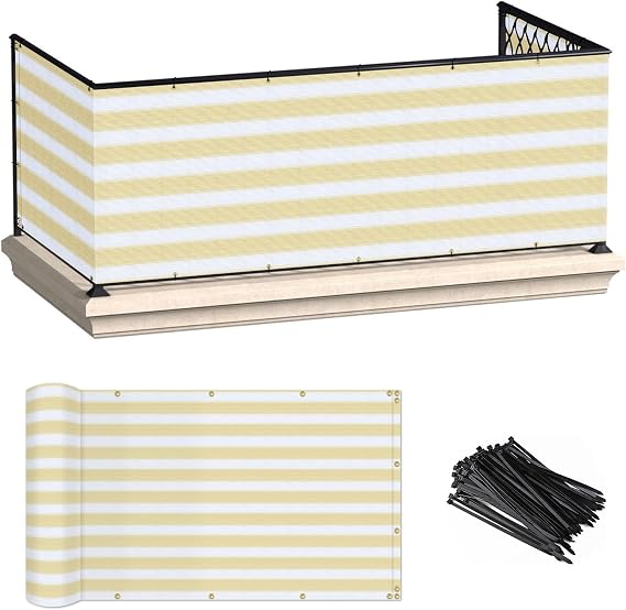 ECOOPTS 3'x50' Balcony Privacy Fence Screen with Zip Ties, Outdoor UV Protection Fence Cover for Balcony Porch Patio Deck Yard (Beige White Stripes)