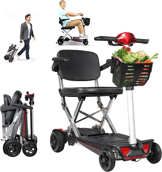 Folding Travel Lightweight Mobility Scooter - Lightweight Electric Foldable Travel Scooter for Adults 4-Wheel Manual Mobility Scooter,MAX 300 lbs Weight Capacity - 21 Miles Per Charge,Red