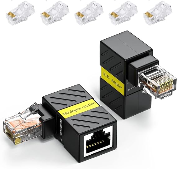 2 Pack Cat6 Ethernet Extenders 360 Rotation, Cat5 Cat6 Extension Adapter 90 Degree Right Angle Network LAN RJ45 Male to Female Connector (RJ45 RightAngle)